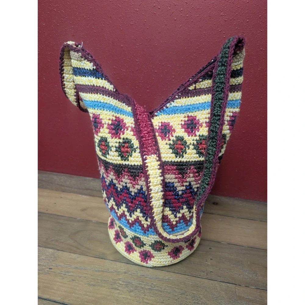 Vintage Crochet Bucket Bag Boho Indie Festival Hippie Shoulder Crossbody Purse